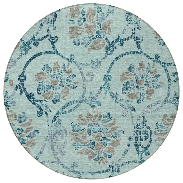 8' Teal Blue Gray And Aqua Round Floral Washable Indoor Outdoor Area Rug