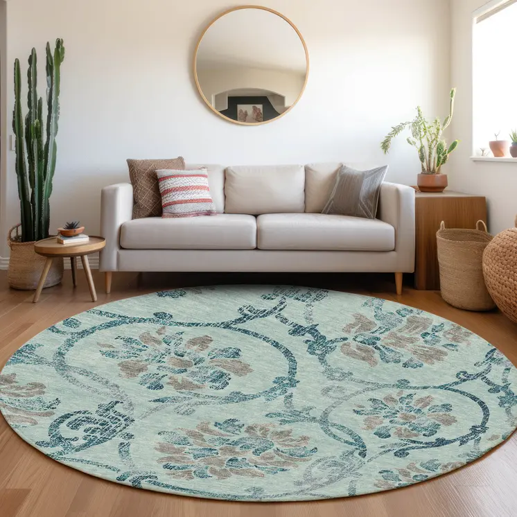 8' Teal Blue Gray And Aqua Round Floral Washable Indoor Outdoor Area Rug