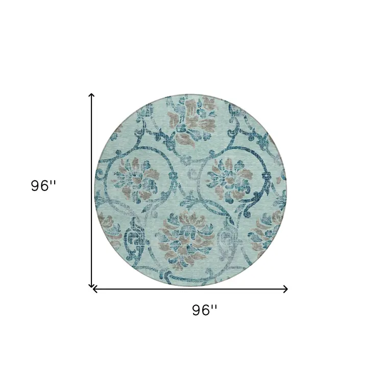 8' Teal Blue Gray And Aqua Round Floral Washable Indoor Outdoor Area Rug