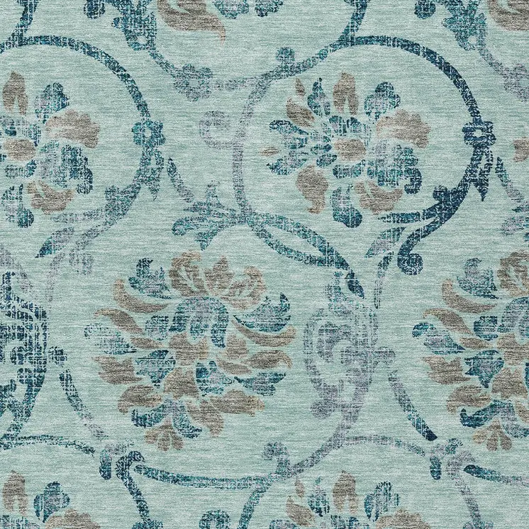 8' X 10' Teal Blue Gray And Aqua Floral Washable Indoor Outdoor Area Rug
