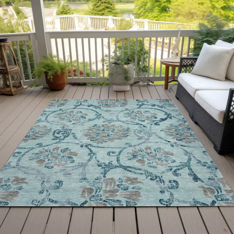 10' X 14' Teal Blue Gray And Aqua Floral Washable Indoor Outdoor Area Rug