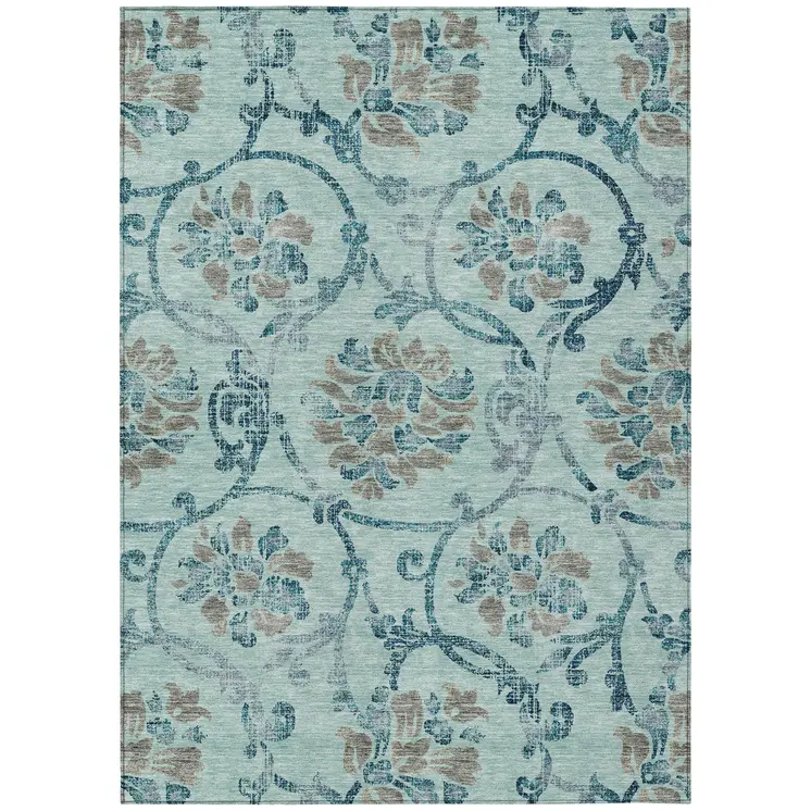 10' X 14' Teal Blue Gray And Aqua Floral Washable Indoor Outdoor Area Rug