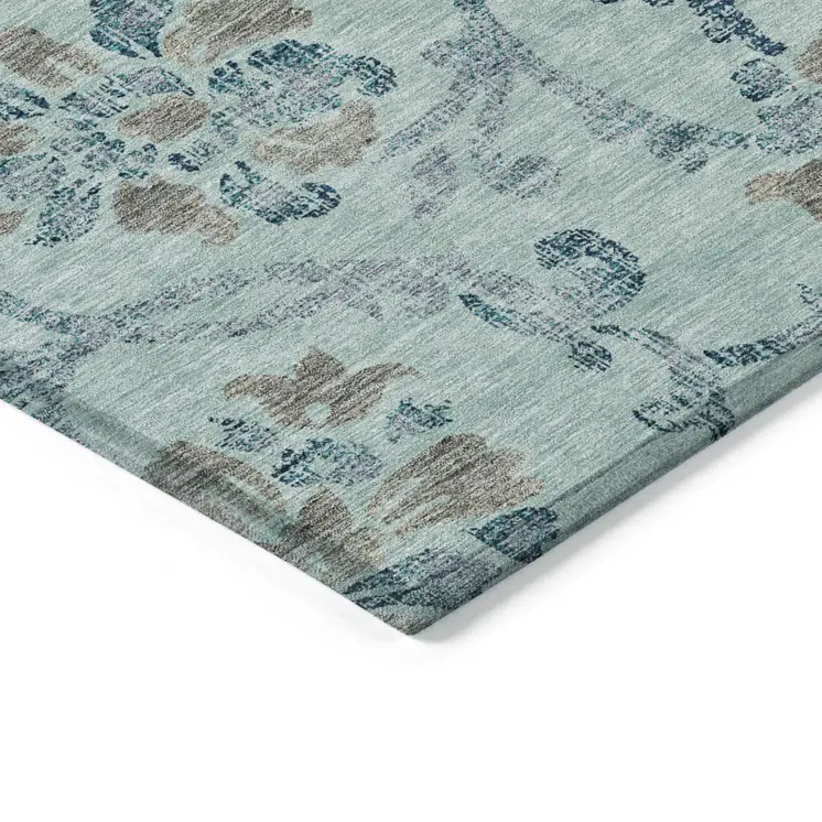 10' X 14' Teal Blue Gray And Aqua Floral Washable Indoor Outdoor Area Rug