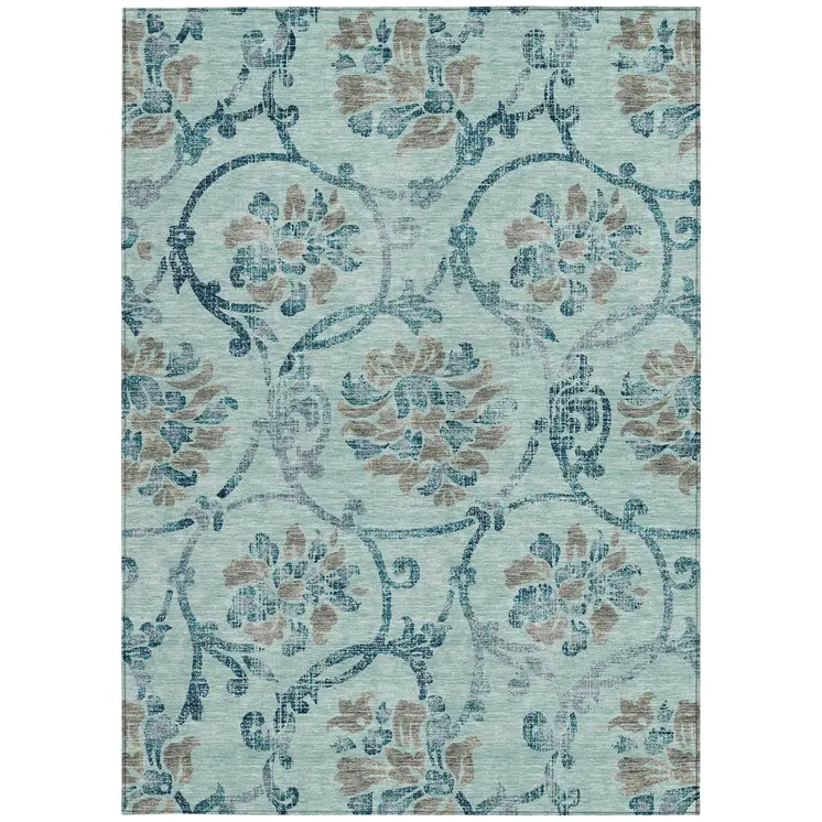 10' X 14' Teal Blue Gray And Aqua Floral Washable Indoor Outdoor Area Rug