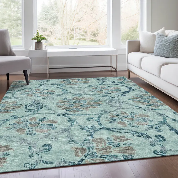 10' X 14' Teal Blue Gray And Aqua Floral Washable Indoor Outdoor Area Rug