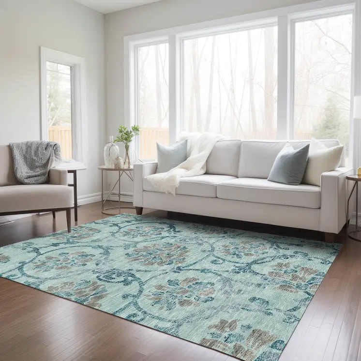 10' X 14' Teal Blue Gray And Aqua Floral Washable Indoor Outdoor Area Rug