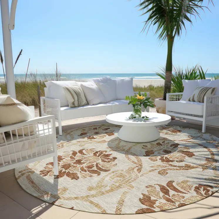 8' Terra Cotta Copper And Beige Round Floral Washable Indoor Outdoor Area Rug