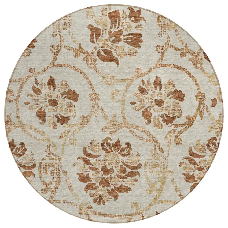 8' Terra Cotta Copper And Beige Round Floral Washable Indoor Outdoor Area Rug