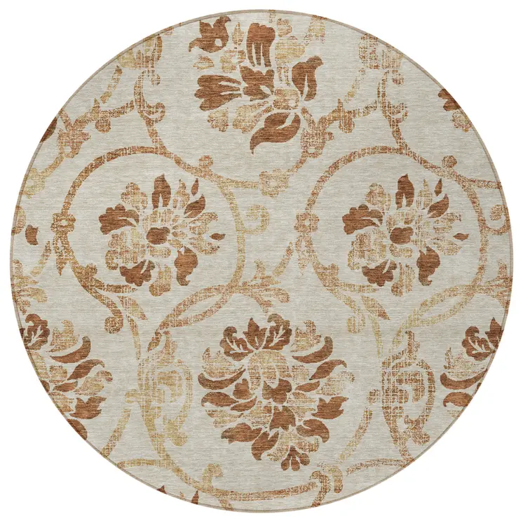 8' Terra Cotta Copper And Beige Round Floral Washable Indoor Outdoor Area Rug