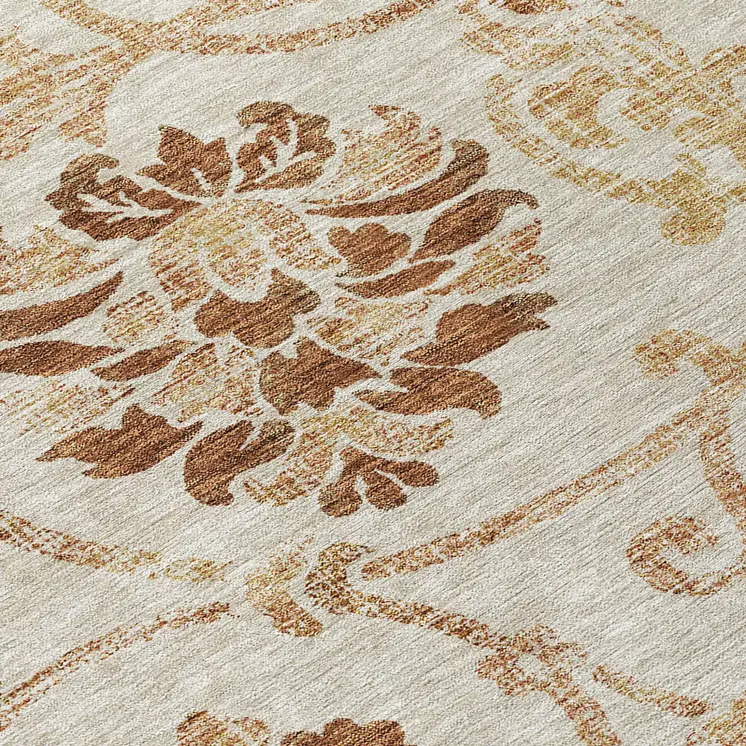 8' Terra Cotta Copper And Beige Round Floral Washable Indoor Outdoor Area Rug