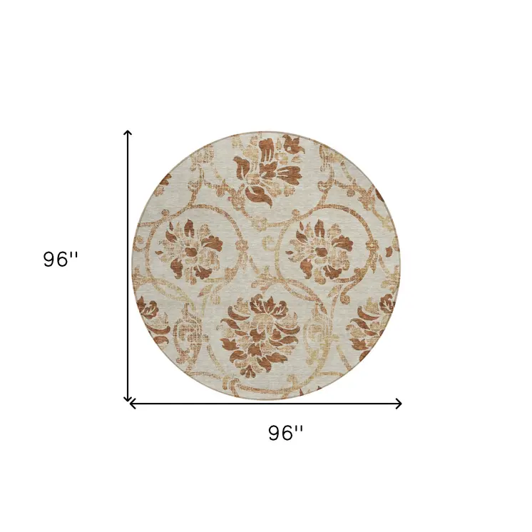 8' Terra Cotta Copper And Beige Round Floral Washable Indoor Outdoor Area Rug