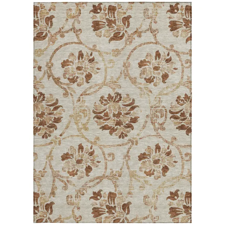 8' X 10' Terra Cotta Copper And Beige Floral Washable Indoor Outdoor Area Rug
