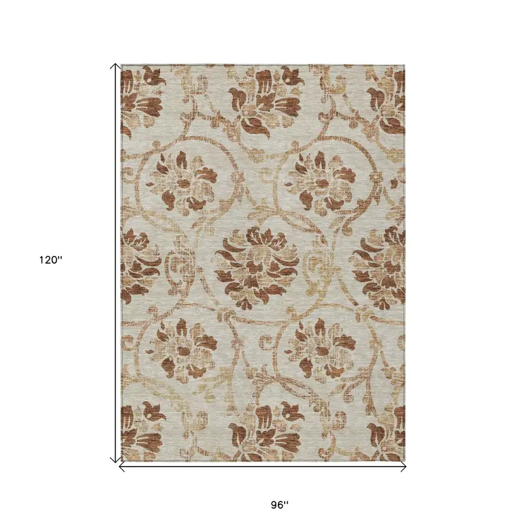 8' X 10' Terra Cotta Copper And Beige Floral Washable Indoor Outdoor Area Rug