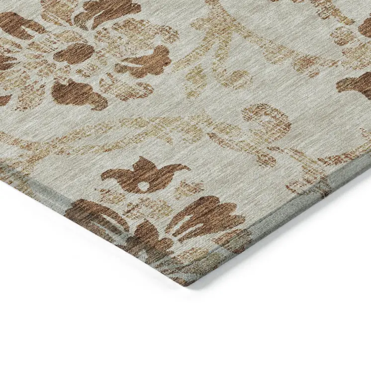 8' X 10' Terra Cotta Copper And Beige Floral Washable Indoor Outdoor Area Rug