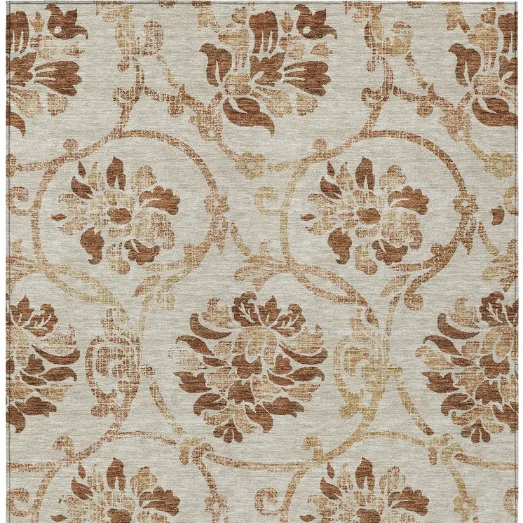 8' X 10' Terra Cotta Copper And Beige Floral Washable Indoor Outdoor Area Rug