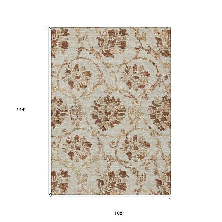 9' X 12' Terra Cotta Copper And Beige Floral Washable Indoor Outdoor Area Rug
