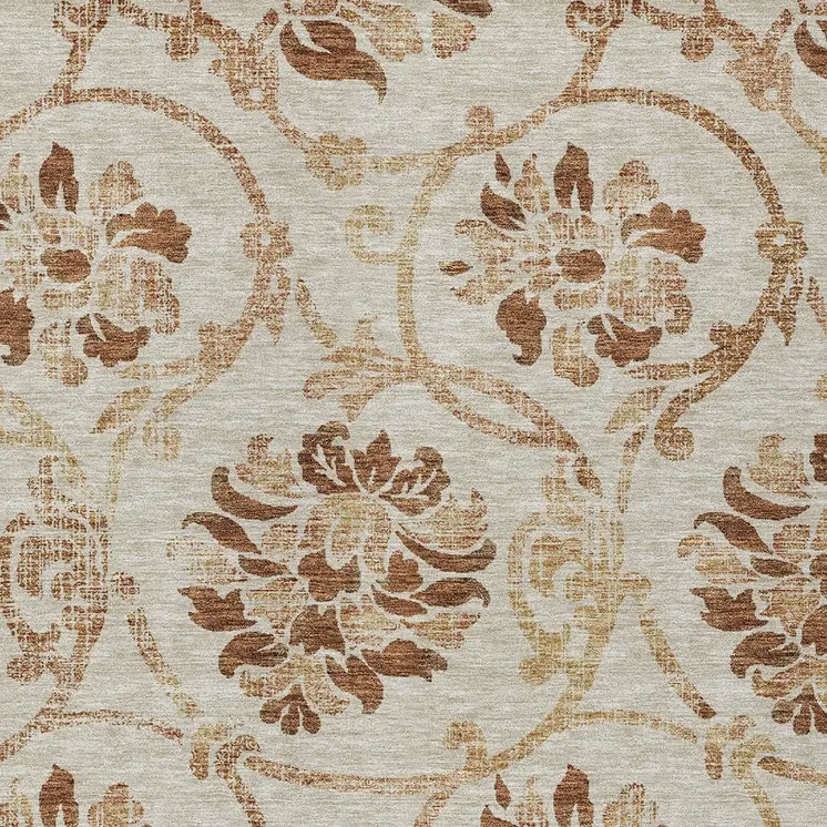 9' X 12' Terra Cotta Copper And Beige Floral Washable Indoor Outdoor Area Rug
