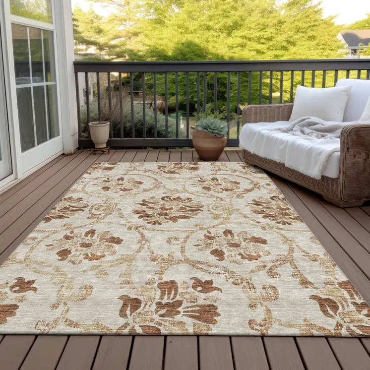 10' X 14' Terra Cotta Copper And Beige Floral Washable Indoor Outdoor Area Rug
