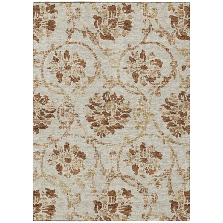 10' X 14' Terra Cotta Copper And Beige Floral Washable Indoor Outdoor Area Rug