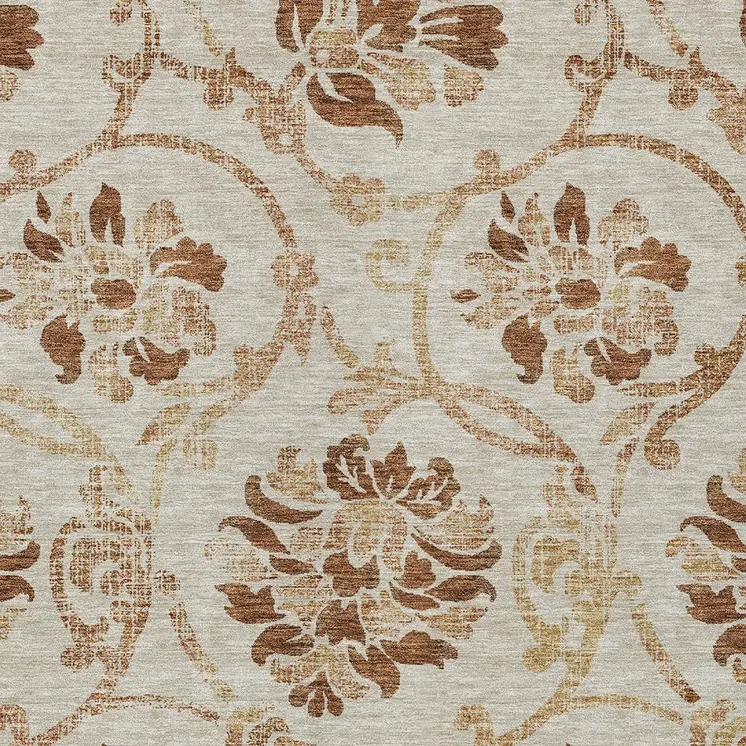 10' X 14' Terra Cotta Copper And Beige Floral Washable Indoor Outdoor Area Rug