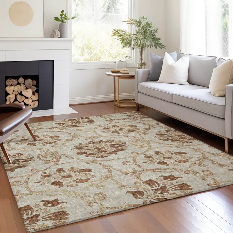 10' X 14' Terra Cotta Copper And Beige Floral Washable Indoor Outdoor Area Rug
