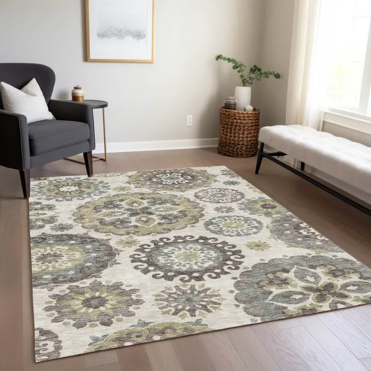 3' X 5' Beige Taupe And Brown Floral Medallion Washable Indoor Outdoor Area Rug