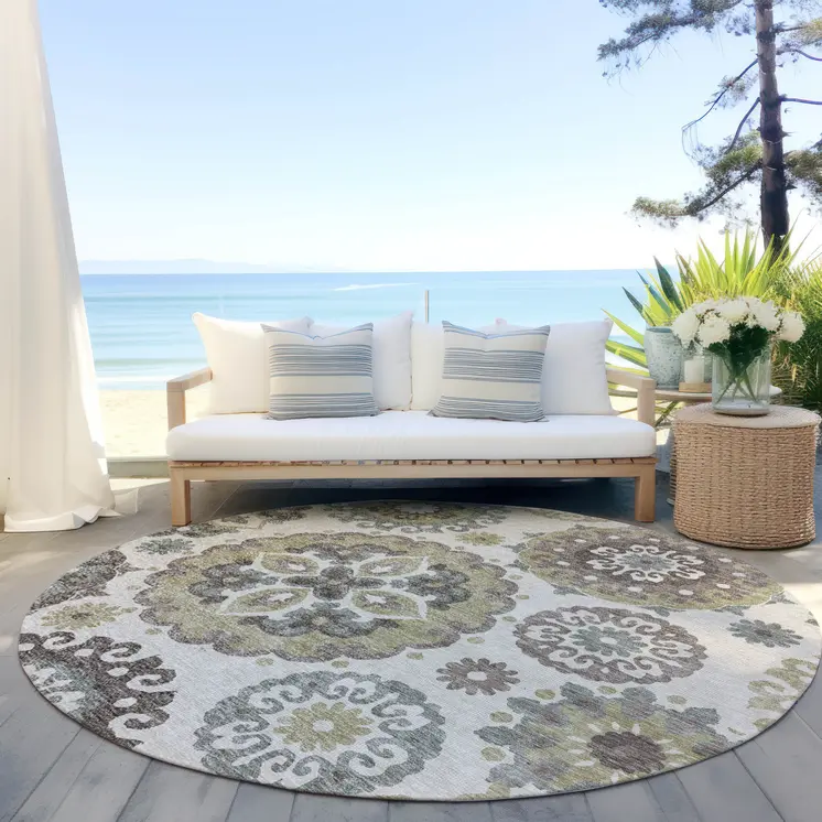 8' Beige Taupe And Brown Round Floral Medallion Washable Indoor Outdoor Area Rug