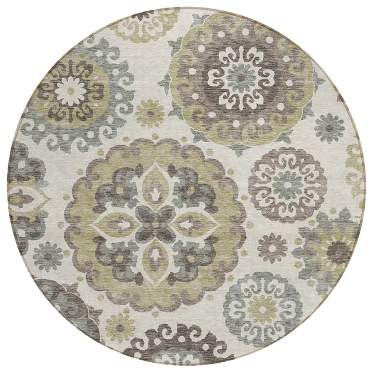 8' Beige Taupe And Brown Round Floral Medallion Washable Indoor Outdoor Area Rug