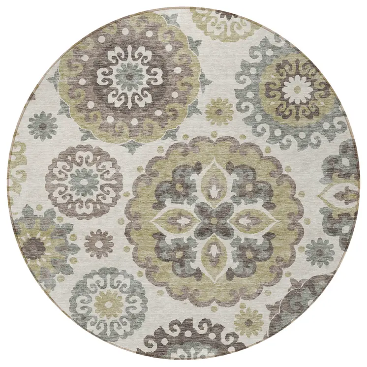 8' Beige Taupe And Brown Round Floral Medallion Washable Indoor Outdoor Area Rug