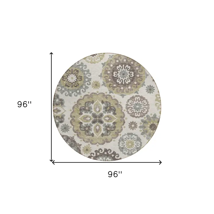 8' Beige Taupe And Brown Round Floral Medallion Washable Indoor Outdoor Area Rug