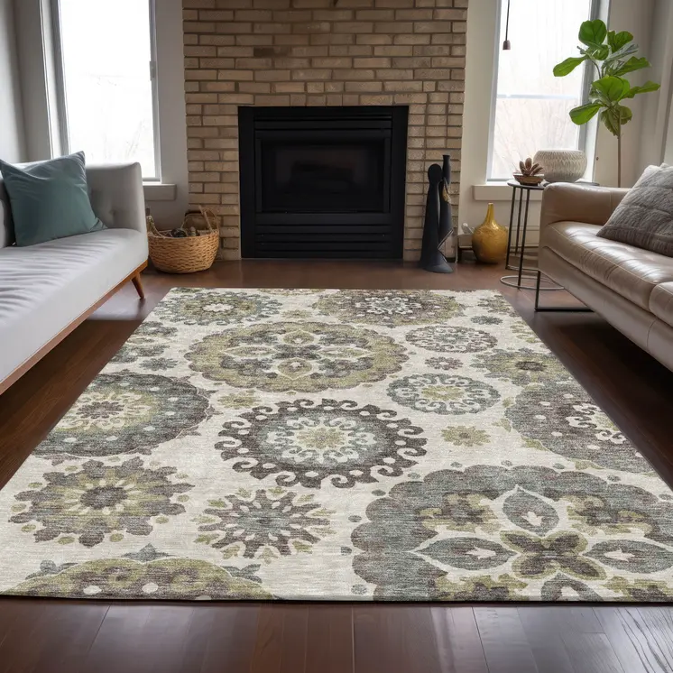 8' X 10' Beige Taupe And Brown Floral Medallion Washable Indoor Outdoor Area Rug