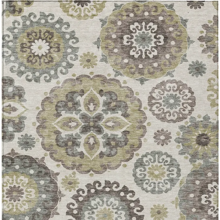 10' X 14' Beige Taupe And Brown Floral Medallion Washable Indoor Outdoor Area Rug
