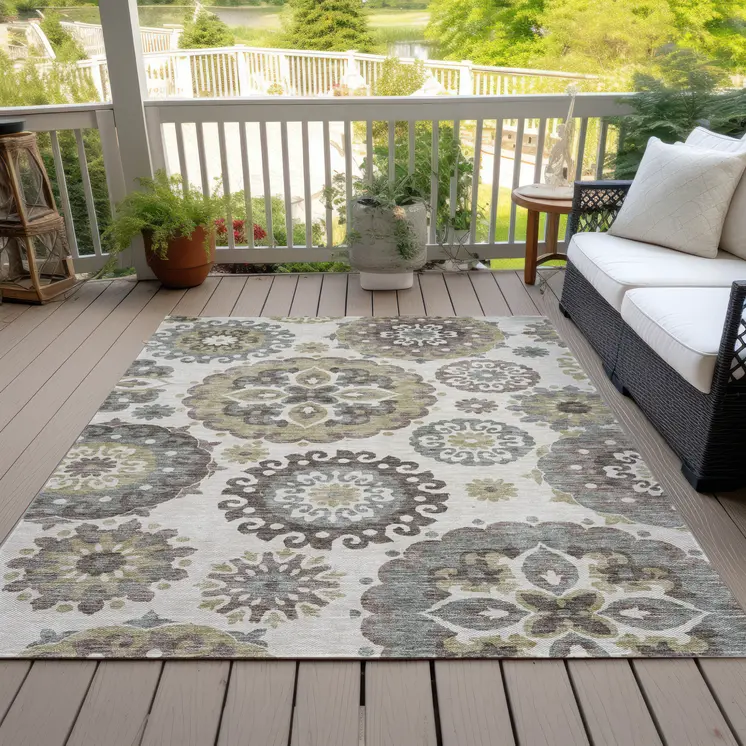 10' X 14' Beige Taupe And Brown Floral Medallion Washable Indoor Outdoor Area Rug