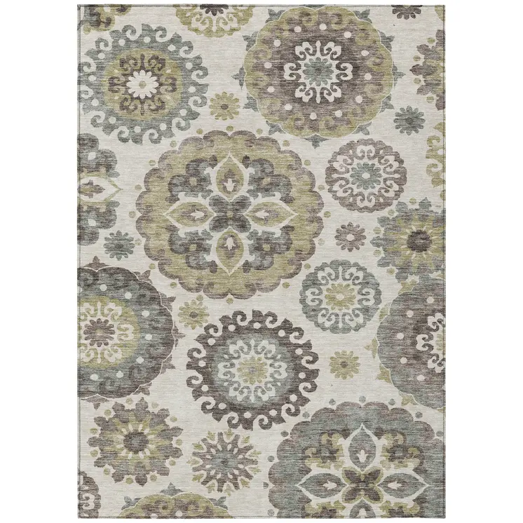 10' X 14' Beige Taupe And Brown Floral Medallion Washable Indoor Outdoor Area Rug