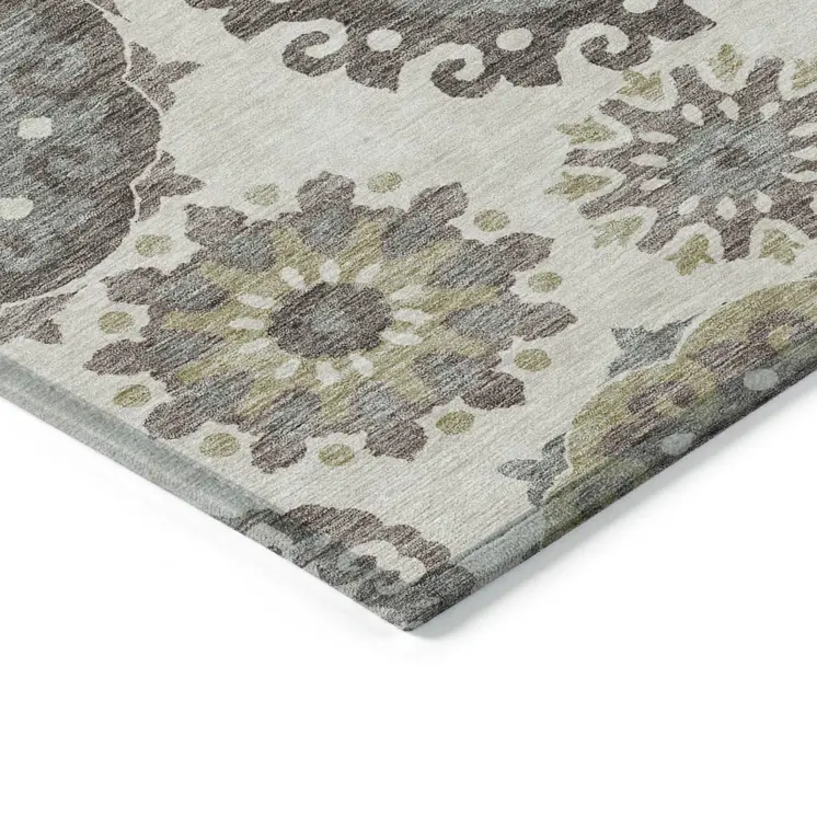 10' X 14' Beige Taupe And Brown Floral Medallion Washable Indoor Outdoor Area Rug
