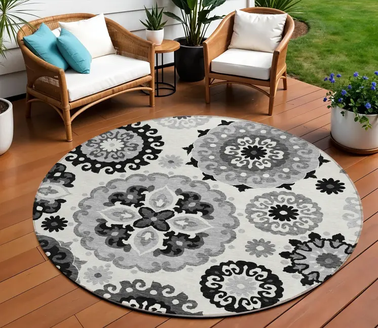 8' Black Gray And Silver Round Floral Medallion Washable Indoor Outdoor Area Rug