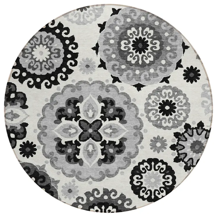 8' Black Gray And Silver Round Floral Medallion Washable Indoor Outdoor Area Rug