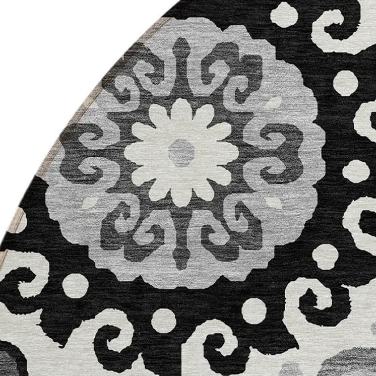 8' Black Gray And Silver Round Floral Medallion Washable Indoor Outdoor Area Rug