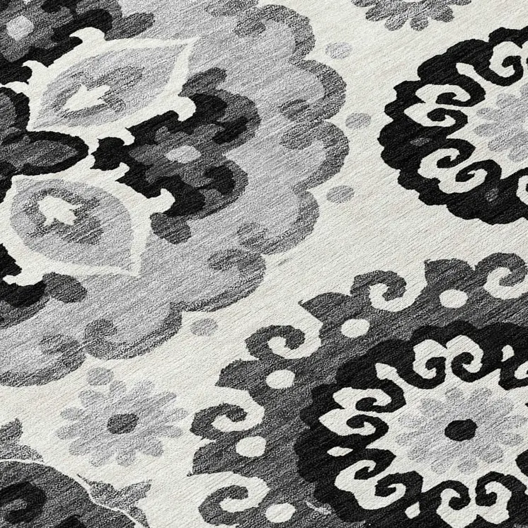 8' Black Gray And Silver Round Floral Medallion Washable Indoor Outdoor Area Rug