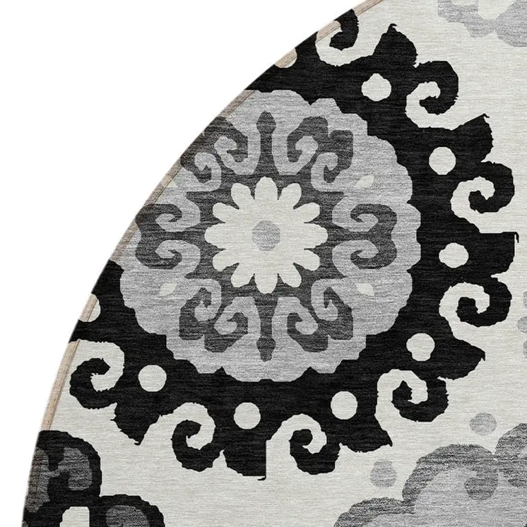 8' Black Gray And Silver Round Floral Medallion Washable Indoor Outdoor Area Rug