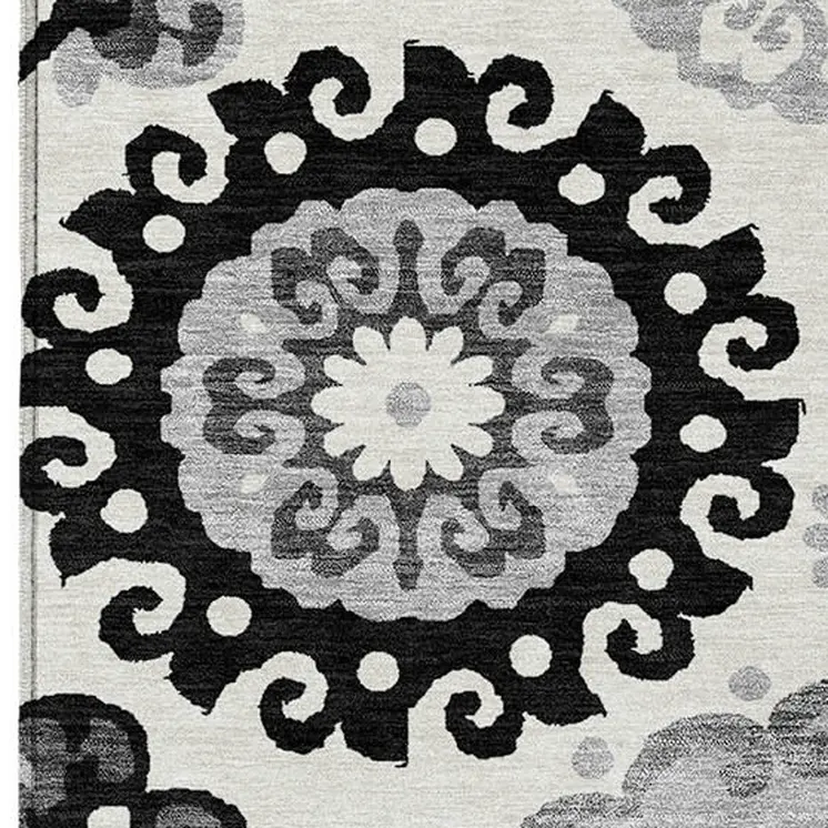 9' X 12' Black Gray And Silver Floral Medallion Washable Indoor Outdoor Area Rug