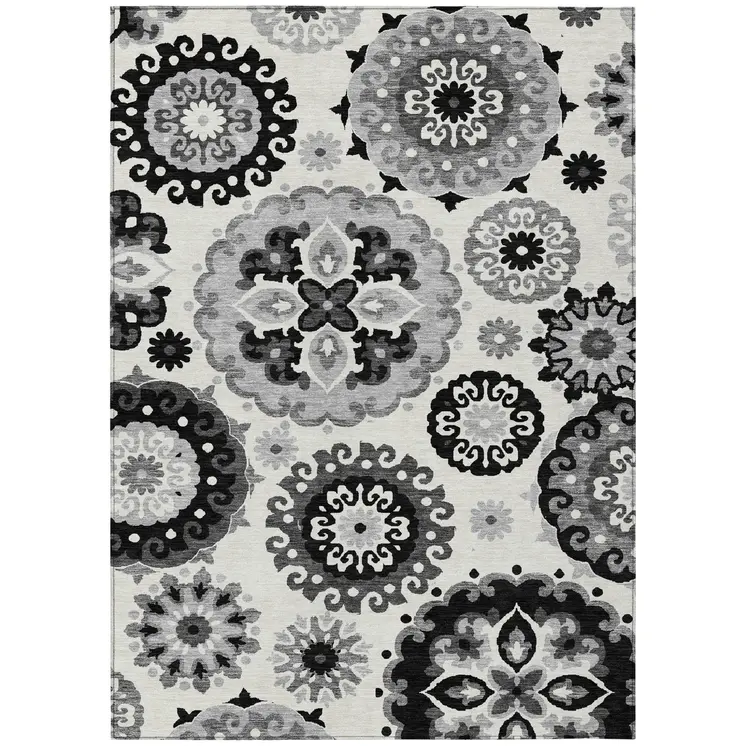 9' X 12' Black Gray And Silver Floral Medallion Washable Indoor Outdoor Area Rug