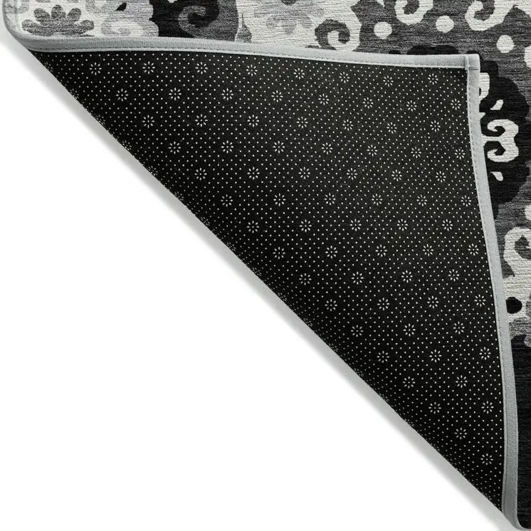 9' X 12' Black Gray And Silver Floral Medallion Washable Indoor Outdoor Area Rug