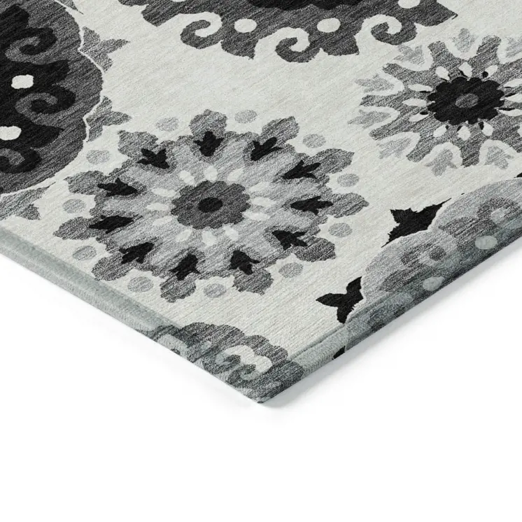 9' X 12' Black Gray And Silver Floral Medallion Washable Indoor Outdoor Area Rug