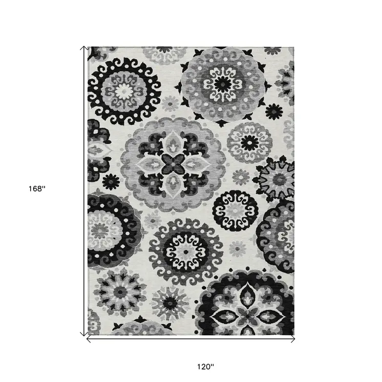 10' X 14' Black Gray And Silver Floral Medallion Washable Indoor Outdoor Area Rug