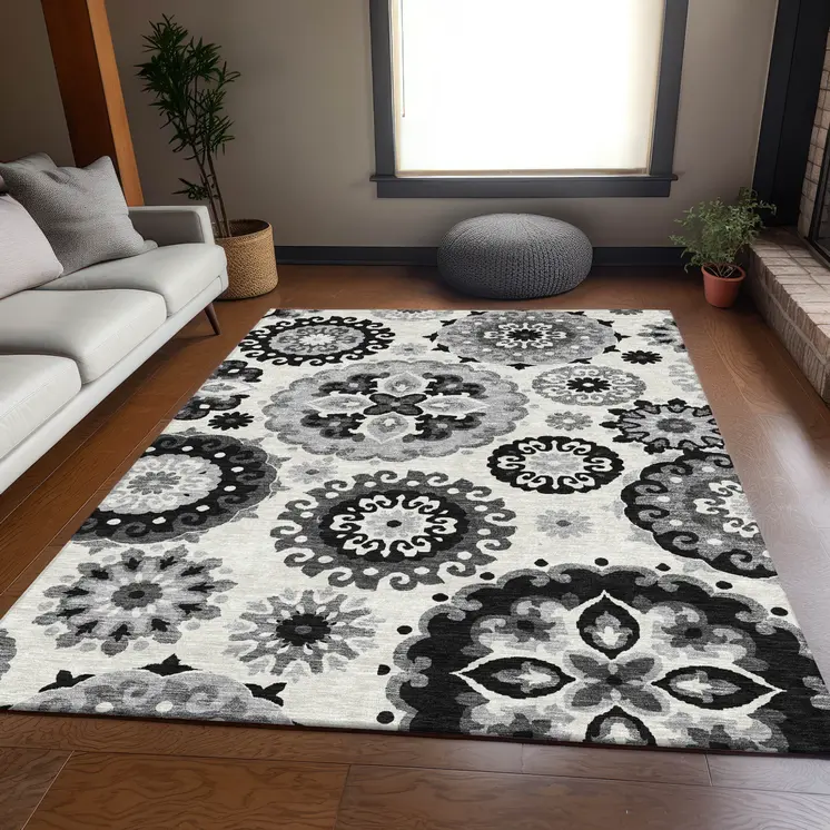 10' X 14' Black Gray And Silver Floral Medallion Washable Indoor Outdoor Area Rug