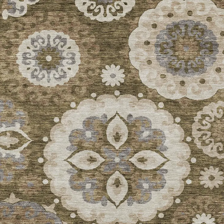 3' X 5' Brown Ivory And Beige Floral Medallion Washable Indoor Outdoor Area Rug