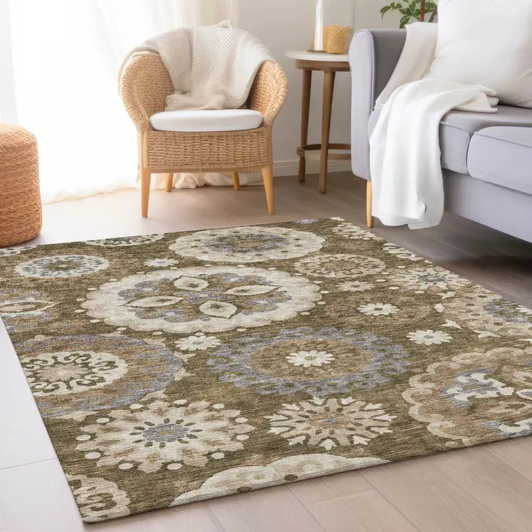 3' X 5' Brown Ivory And Beige Floral Medallion Washable Indoor Outdoor Area Rug