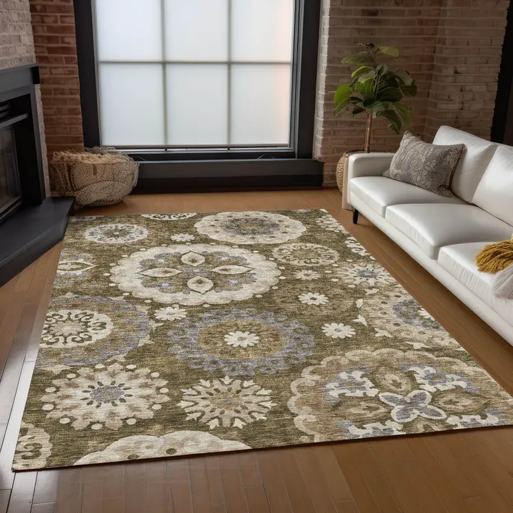 3' X 5' Brown Ivory And Beige Floral Medallion Washable Indoor Outdoor Area Rug
