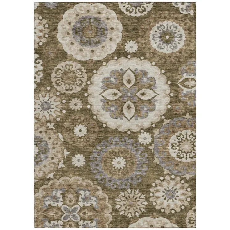 5' X 8' Brown Ivory And Beige Floral Medallion Washable Indoor Outdoor Area Rug